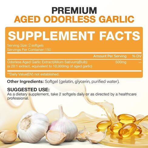 300 كبسولة من مستخلص الثوم المعتق - 10000 مجم عالية الفعالية، عديم الرائحة، مكمل الثوم لصحة القلب ودعم المناعة وفوائد مضادة للأكسدة، غير معدل وراثيًا، خالي من الغلوتين in Kuwait