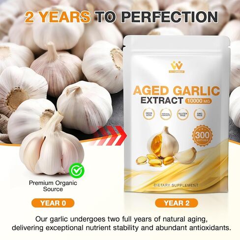 300 كبسولة من مستخلص الثوم المعتق - 10000 مجم عالية الفعالية، عديم الرائحة، مكمل الثوم لصحة القلب ودعم المناعة وفوائد مضادة للأكسدة، غير معدل وراثيًا، خالي من الغلوتين in Kuwait
