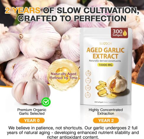 مستخلص الثوم المسن - 300 عدد 10000 مجم من مكملات الثوم المسنة للصحة اليومية وروتين صحة القلب والأوعية الدموية، غير معدلة وراثيًا، كبسولات هلامية طبيعية بالكامل، عافية مضادة للسموم النقية in Kuwait