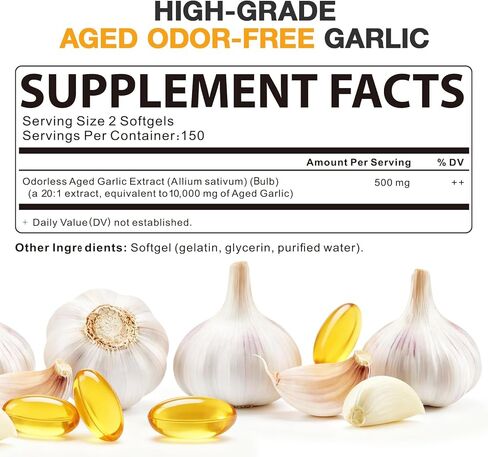 مستخلص الثوم المسن - 300 عدد 10000 مجم من مكملات الثوم المسنة للصحة اليومية وروتين صحة القلب والأوعية الدموية، غير معدلة وراثيًا، كبسولات هلامية طبيعية بالكامل، عافية مضادة للسموم النقية in Kuwait