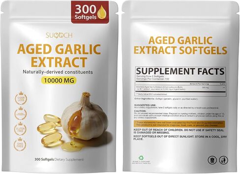 مستخلص الثوم المسن - 300 عدد 10000 مجم من مكملات الثوم المسنة للصحة اليومية وروتين صحة القلب والأوعية الدموية، غير معدلة وراثيًا، كبسولات هلامية طبيعية بالكامل، عافية مضادة للسموم النقية in Kuwait