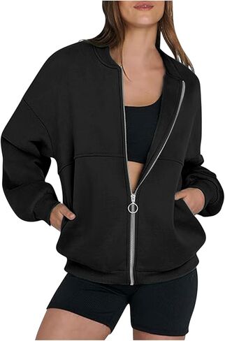 Generic كنزات نسائية بأكمام طويلة وياقة دائرية وسترات بسحاب ملابس خارجية فضفاضة غير رسمية مع جيوب ملابس موضة خريف Y2k 2024 in Kuwait