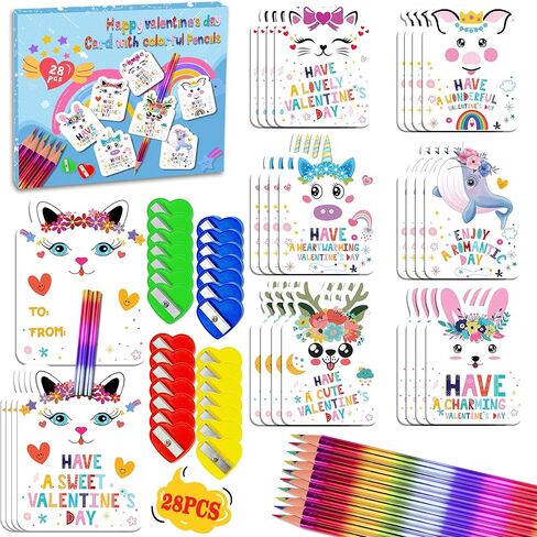 28 PCS بطاقات المعايدة يوم عيد الحب مع أقلام قوس قزح للأطفال ، وأقلام قوس قزح مع بطاقات تبادل الحيوانات اللطيفة ، وفضل حفلات عيد الحب للهدايا يوم عيد الحب المدرسي in Kuwait