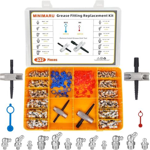 طقم استبدال تركيب الشحوم SAE & Metric 1/4" 1/8" M6 M10 مستقيم 45 90 درجة زيرك، تجهيزات الشحوم الهيدروليكية القياسية مع أغطية تركيب الشحوم البلاستيكية، 2 قطعة أدوات متعددة (332 قطعة) in Kuwait