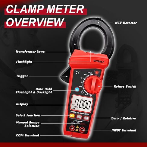 DIYSELF 6000 Counts Digital Clamp Meter, True RMS AC/DC Voltage Tester, Amp Meter Capacitance Meter, Resistance Continuity Tester, Professional Multimeter with Test Leads Pouch and Batteries in Kuwait