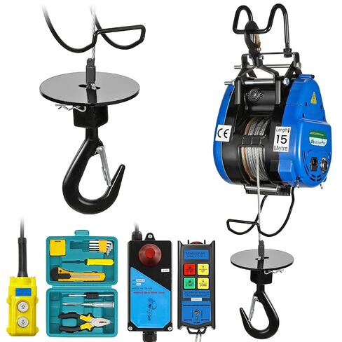 Mxmoonant 2 in 1 Fast Electric Hoist 550lb/250kg, 49ft/15m Lifting Height, Pendant & Remote Control, 19m/min Quick Speed, Double Hook for Garage, Repair Shops, Constructions, Workshops in Kuwait