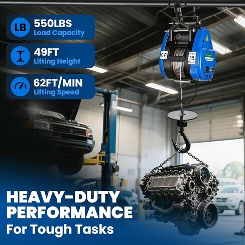 Mxmoonant 2 in 1 Fast Electric Hoist 550lb/250kg, 49ft/15m Lifting Height, Pendant & Remote Control, 19m/min Quick Speed, Double Hook for Garage, Repair Shops, Constructions, Workshops in Saudi Arabia