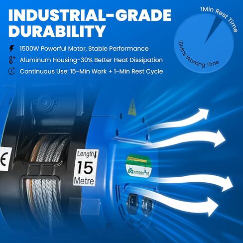 Mxmoonant 2 in 1 Fast Electric Hoist 550lb/250kg, 49ft/15m Lifting Height, Pendant & Remote Control, 19m/min Quick Speed, Double Hook for Garage, Repair Shops, Constructions, Workshops in Kuwait