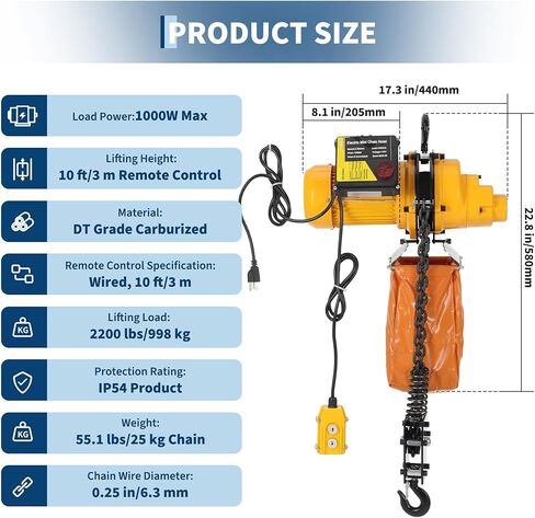 Electric Chain Hoist, 2200 lbs/1 ton Capacity, 10 ft Lifting Height, 10 ft/min Speed, 120V, Single Phase Overhead Crane with G100 Chain, 10 ft Wired Remote Control for Garage, Shop, Hotel, Home in Saudi Arabia