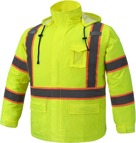 سترة مطر Hi Vis للرجال ومعطف مطر آمن مقاوم للماء وخفيف الوزن مع غطاء رأس، سترة مطر سوداء عاكسة للضوء من الفئة 3 للبالغين (L/XL) in Saudi Arabia