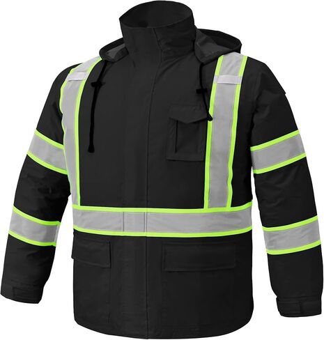 Men's Hi Vis Rain Jacket & Safety Rain Coat Waterproof Lightweight with Hood, Class 3 Reflective Adult Black Work Rain Jacket (L/XL) in Saudi Arabia