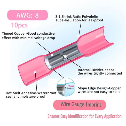 مجموعة موصلات مؤخرة قابلة للانكماش بالحرارة 10 قطع 8AWG باللون الأحمر، أطراف تجعيد طرفية معزولة مقاومة للماء للسيارات البحرية، موصلات وصلة لمحركات السيارات البحرية (10 قطع باللون الأحمر) in Kuwait