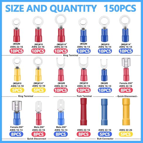 150PCS Mixed Quick Disconnect Electrical Insulated Butt Bullet Spade Fork Ring Solderless Crimp Terminals 18 Types Wire Connectors Assortment Kit in Saudi Arabia