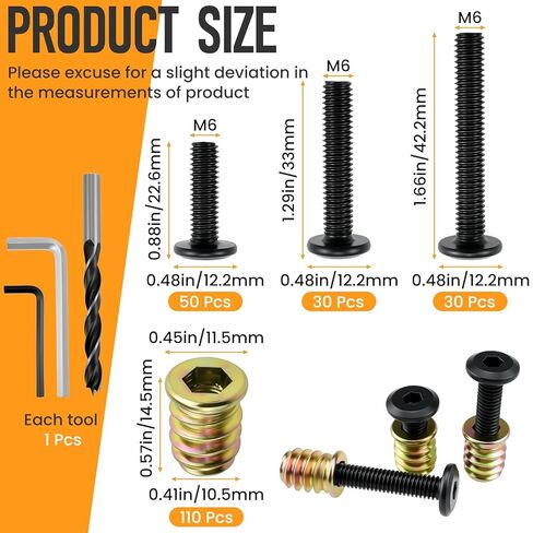 110 Sets M6 Threaded Inserts for Wood | 3 Sizes Inserts (M6x25/32, M6x1-3/16, M6x1-9/16) + M6x19/32 Screw-in Nuts | Drill Bit & 2 Wrenches | for Wooden Projects in Kuwait