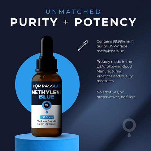 Compass Laboratory Methylene Blue 1% Solution | USP-Grade Research Formula | Premium Purity, Practitioner-Directed Use | 50 mL Amber Glass Dropper Bottle | Made in USA in Kuwait