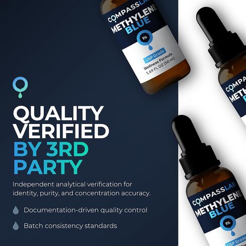 Compass Laboratory Methylene Blue 1% Solution | USP-Grade Research Formula | Premium Purity, Practitioner-Directed Use | 50 mL Amber Glass Dropper Bottle | Made in USA in Kuwait