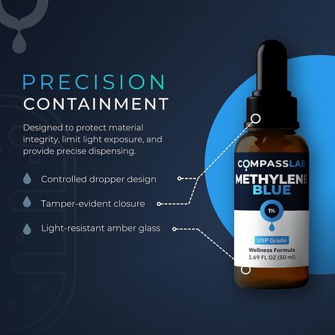 Compass Laboratory Methylene Blue 1% Solution | USP-Grade Research Formula | Premium Purity, Practitioner-Directed Use | 50 mL Amber Glass Dropper Bottle | Made in USA in Kuwait