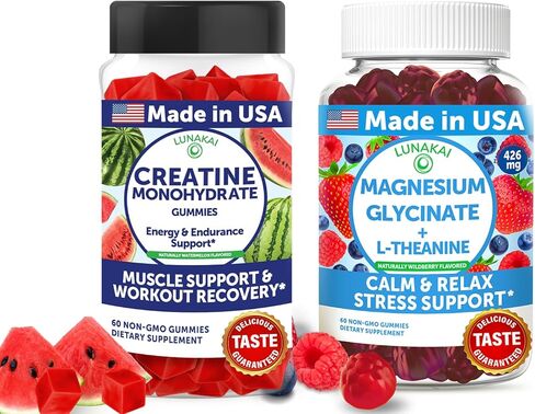 Lunakai USA Made Creatine & Magnesium Gummies Bundle – Recovery & Calm Support – 60 Non-GMO Gummies Eac in Kuwait