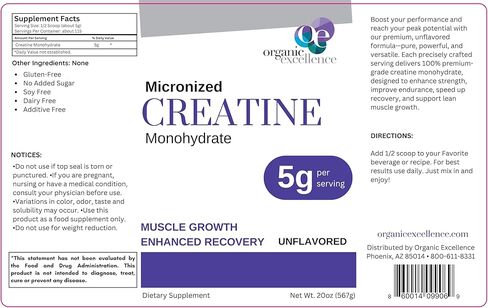 أورجانيك إكسيلانس كرياتين مونوهيدرات - مسحوق كرياتين ميكروني لنمو العضلات وقوتها واستعادتها - بدون نكهة، 115 حصة in Kuwait