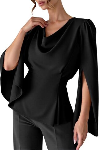 Women's Cowl Neck Satin Blouse Split Long Sleeve Peplum Tie Back Elegant Tops in Saudi Arabia