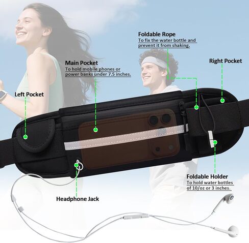 Running Belt with Water Bottle Holder, Black Fanny Pack for Men Women Kids Fit Hydration Hiking Waist Pack Runners Workout GYM Walking Sports Travel, Slim Waist Bag for Phone Keys Carry Pouch in Kuwait