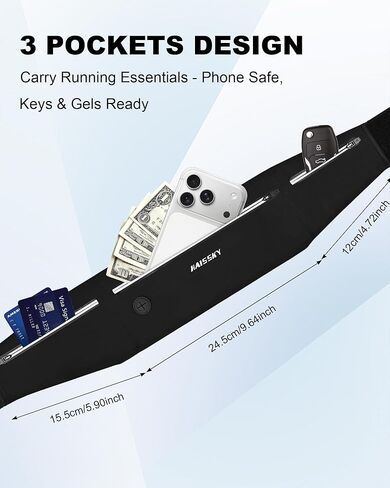 حزام الجري النحيف - حزمة فاني للجري بثلاثة جيوب، حقيبة خصر مقاومة للعرق قابلة للتعديل للرجال والنساء، حامل هاتف للياقة البدنية للتمارين الرياضية يناسب جميع الهواتف - حزام سباق الماراثون للركض in Kuwait