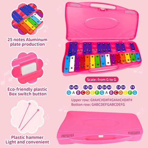 إكسيليفون جلوكنسبيل - 25 مفاتيح معدنية ملونة مع مطارق، آلة موسيقية تعليمية إيقاعية، وردي in Kuwait