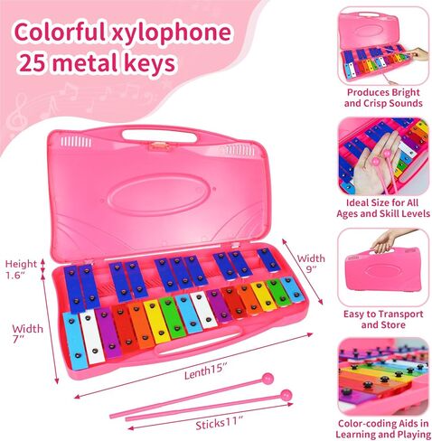 إكسيليفون جلوكنسبيل - 25 مفاتيح معدنية ملونة مع مطارق، آلة موسيقية تعليمية إيقاعية، وردي in Kuwait