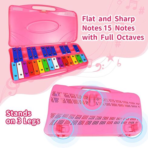 إكسيليفون جلوكنسبيل - 25 مفاتيح معدنية ملونة مع مطارق، آلة موسيقية تعليمية إيقاعية، وردي in Kuwait