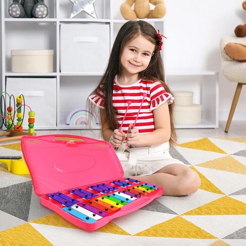 إكسيليفون جلوكنسبيل - 25 مفاتيح معدنية ملونة مع مطارق، آلة موسيقية تعليمية إيقاعية، وردي in Kuwait