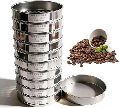 Coffee Bean Grading Sieve, 8 Inch Coffee Green Bean Stainless Steel Round Sifter Screen with 10 Layers of Meshes(12-21 Mesh), Bottom Tray,Precision Sifting,for Home Coffee Shop Use ( Stainless steel) in Saudi Arabia