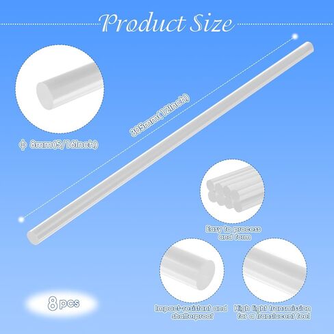 8 قطع من قضبان الأوتاد المصنوعة من الأكريليك الشفاف، قطر 5/16 بوصة، عصي أكريليك 12 بوصة، قضبان بلاستيكية للحرف اليدوية المصنوعة يدويًا، أعواد تزيين الكعك، ستائر نباتية - 8 مم × 305 مم in Kuwait