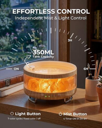 Essential Oil Diffuser with Himalayan Salt Lamp, 350ml Ultrasonic Aromatherapy Humidifier, 7 Colors LED Light, Timer & Auto Shut-Off for Home Bedroom Office Spa Yoga in Saudi Arabia