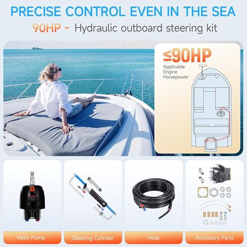 90HP Outboard Hydraulic Steering Kit, Hydraulic Steering System Consists of a Hydraulic Cylinder, a Steering Pump, and Two Nylon Hoses，Suitable for Outboard Motors in Saudi Arabia