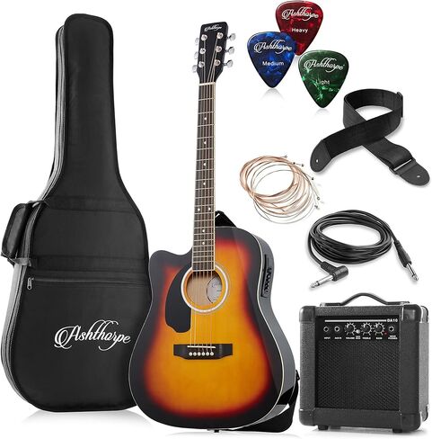 Ashthorpe Left Handed Full-Size Dreadnought Cutaway Acoustic Electric Guitar Package with 10 Watt Amp - Red in Kuwait