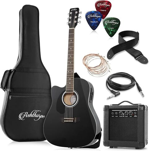 Ashthorpe Left Handed Full-Size Dreadnought Cutaway Acoustic Electric Guitar Package with 10 Watt Amp - Red in Saudi Arabia