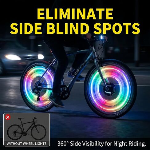 HANZE Bike Wheel Lights Rechargeable, LED Bicycle Spoke Lights 7-Color with 12 Flashing Modes, Motion Sensor Auto On/Off, Waterproof Night Riding Accessories for Kids & Adults E-Bike (2 Pack) in Kuwait