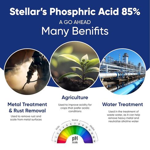المواد الكيميائية النجمية - حمض الفوسفوريك 85٪ - الدرجة التقنية - 1 جالون - الاستخدامات: التحكم في درجة الحموضة وتعديلها، الأطعمة والمشروبات، عامل التنشيط، العناية الشخصية، الصيدلانية. in Kuwait