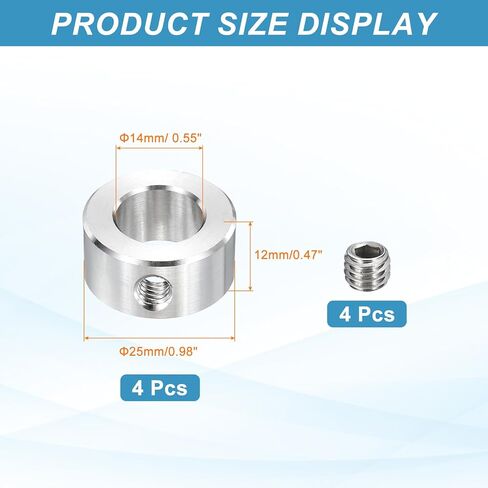 MECCANIXITY 4pcs Stainless Steel Shaft Collar, 14mm(9/16") ID 25mm(1") OD 12mm(1/2") Thickness Single Hole Bore Shaft Locking Collars for Gearbox Assemblies, Machine Tools in Kuwait