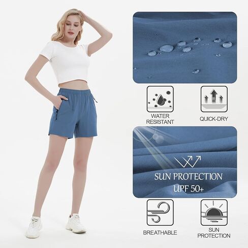 شورت نسائي للمشي لمسافات طويلة مقاس 5 بوصات سريع الجفاف رياضي خفيف الوزن في الهواء الطلق للتمرين مع جيوب بسحاب أزرق XS in Kuwait