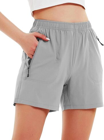 شورت نسائي لرياضة المشي لمسافات طويلة 5 بوصات سريع الجفاف رياضي خفيف الوزن في الهواء الطلق للتمرين مع جيوب بسحاب رمادي فاتح S in Kuwait