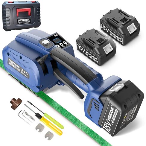 أداة الربط الكهربائية SWANSOFT، ماكينة ربط كهربائية أوتوماتيكية 18 فولت 2 × 4 أمبير تعمل بالبطارية لأداة ربط كهربائية بأشرطة PP/PET مقاس 0.51 بوصة - 0.63 بوصة، مع علبة بلاستيكية in Kuwait