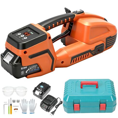 آلة الربط الكهربائية مع شاشة LCD، مكبس البالات المحمول لـ 1/2-5/8 في أشرطة PP PET 2 × 4000 مللي أمبير في الساعة صندوق ربط أوتوماتيكي يعمل بالبطارية (مع قفازات ونظارات واقية) in Kuwait