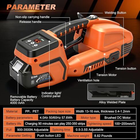 آلة الربط الكهربائية مع شاشة LCD، مكبس البالات المحمول لـ 1/2-5/8 في أشرطة PP PET 2 × 4000 مللي أمبير في الساعة صندوق ربط أوتوماتيكي يعمل بالبطارية (مع قفازات ونظارات واقية) in Kuwait