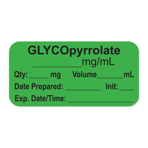 PDC Healthcare LAN-2-9 "GLYCOpyrrolate mg/mL" Permanent Anesthesia Paper Label with Expiration Date Time and Initia, 1" Core, 1-1/2" x 3/4" Size, Light Green, Pack of 500, in Saudi Arabia