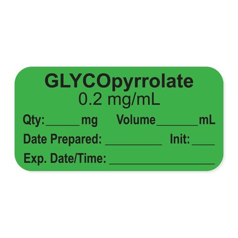 PDC Healthcare LAN-2-9D02 Anesthesia Label with Exp. Date, Time, and Initial, Paper, Permanent, "GLYCOpyrrolate 0.2 mg/mL", 1" Core, 1-1/2" x 3/4", 500 per Roll, Light Green (Pack of 500) in Saudi Arabia