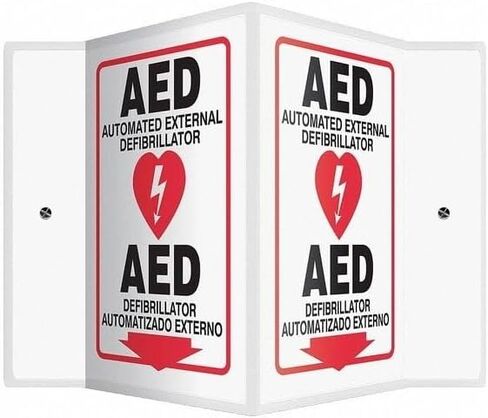 AED Automated External Defibrillator, Spanish-Bilingual Sign, 14" W x 12" H, V-Shaped, Mfr: SBPSP657-A in Saudi Arabia
