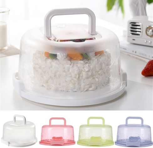 for Round Cake Carrier with Lid and Handle, 10"" x 5.3"" Storage Container 8"" Cake, Clear Dome with Snap Locks, for PP Material, Transport, Party, Picnic, White in Kuwait