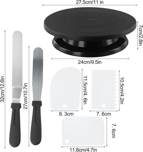 6PC Cake Decorating Kit with for 360-Degree Rotating Turntable, Non-Slip Baking Accessories Easy Cake Frosting and Design, for PP Material, Includes Spatulas and Scrapers, Black in Kuwait
