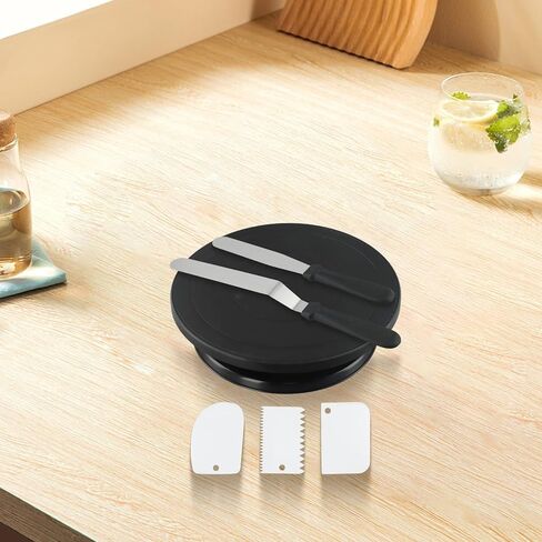 6PC Cake Decorating Kit with for 360-Degree Rotating Turntable, Non-Slip Baking Accessories Easy Cake Frosting and Design, for PP Material, Includes Spatulas and Scrapers, Black in Kuwait